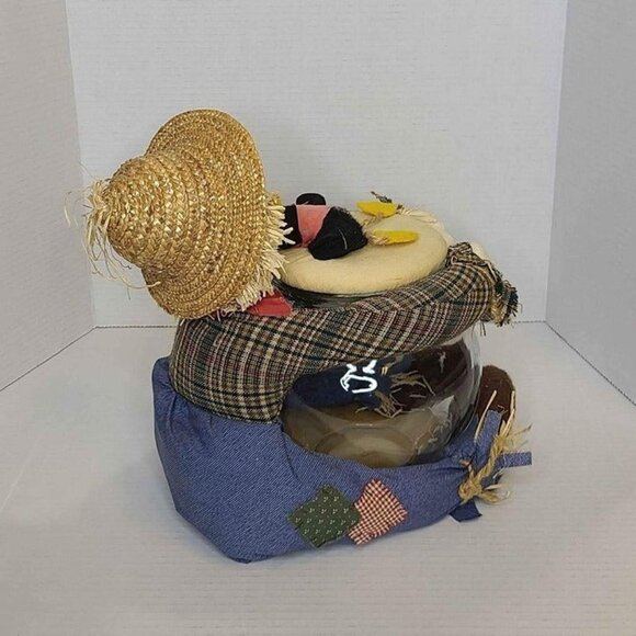 Stuffed Cloth Scarecrow Holding Glass Round Bowl with Lid Fall Colors - Picture 4 of 5
